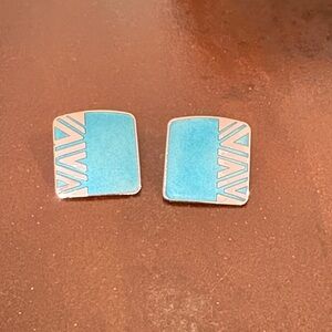 Vintage LAUREL BURCH Naito Blue Aqua Teal Enamel Gold Tone Earrings Signed